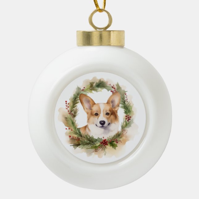 Corgi Christmas Wreath Festive Pup Ceramic Ball Christmas Ornament (Front)