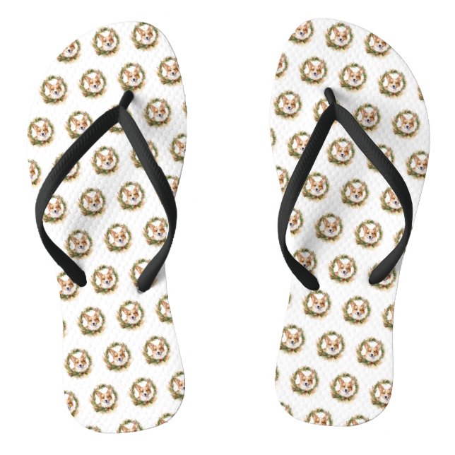Corgi Christmas Wreath Festive Pup Flip Flops (Footbed)