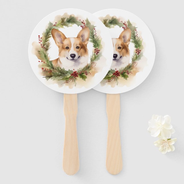 Corgi Christmas Wreath Festive Pup Hand Fan (Front and Back)