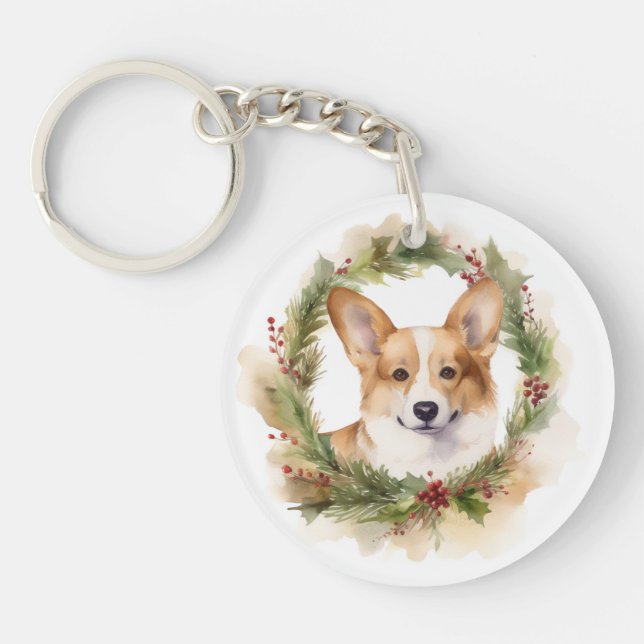 Corgi Christmas Wreath Festive Pup Key Ring (Front)