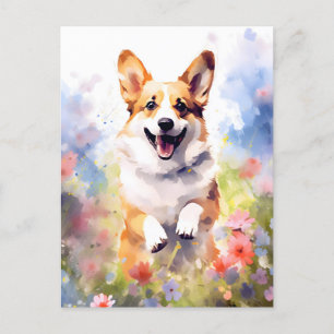 Corgi colourful watercolor artwork postcard