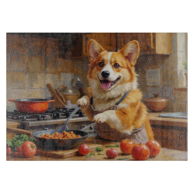 Corgi Cooking in Kitchen Cutting Board (Front)