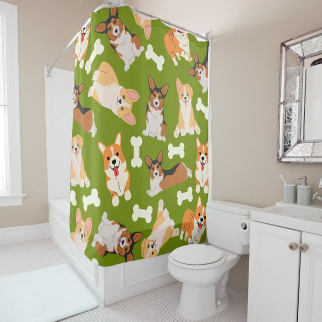 Corgi Cute Pattern In Green Shower Curtain (In Situ)