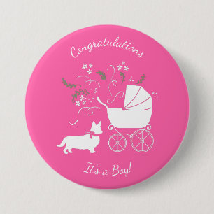 Corgi Dog Baby Shower Puppy Grey Welsh Pink Girl 7.5 Cm Round Badge