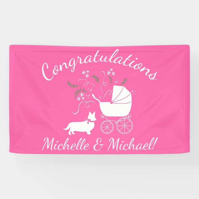 Corgi Dog Baby Shower Puppy Grey Welsh Pink Girl Banner (Horizontal)