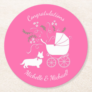 Corgi Dog Baby Shower Puppy Grey Welsh Pink Girl Round Paper Coaster