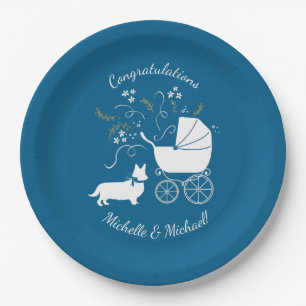 Corgi Dog Baby Shower Puppy Welsh Blue Boy Paper Plate