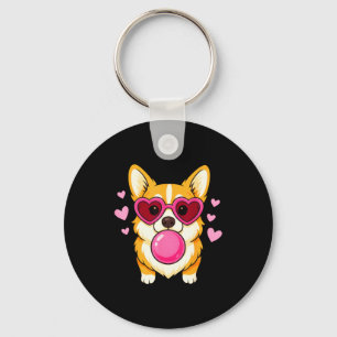 Corgi dog blowing pink bubble gum cute hearts key ring