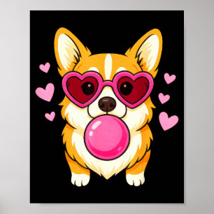 Corgi dog blowing pink bubble gum cute hearts poster