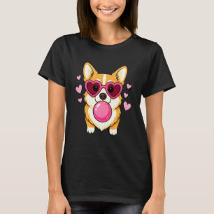 Corgi Dog Blowing Pink Bubble Gum Cute Hearts T-Shirt