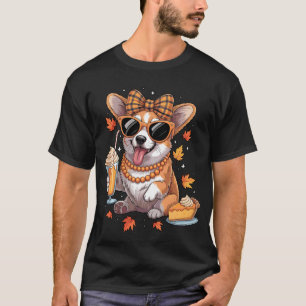 Corgi Dog Bow Girls Women Fall Autumn Leaves Thank T-Shirt