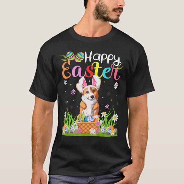 Corgi Dog Bunny Egg Hunting Corgi Happy Easter T-Shirt (Front)