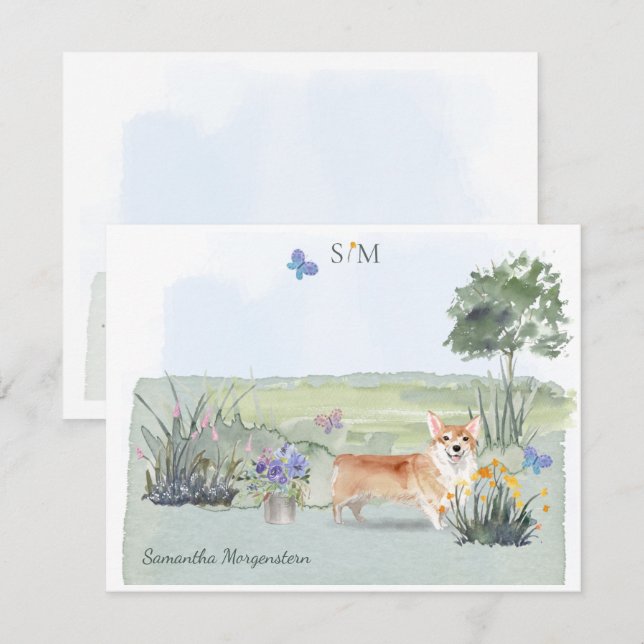 Corgi Dog Butterfly Meadow Monogram and Name   Card (Front/Back)