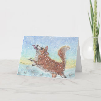 Corgi dog, catching snowflakes holiday card