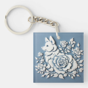 Corgi dog chinoiserie 3D blue and white Key Ring