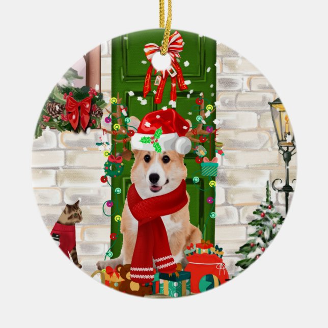 corgi Dog Christmas   Ceramic Tree Decoration (Front)