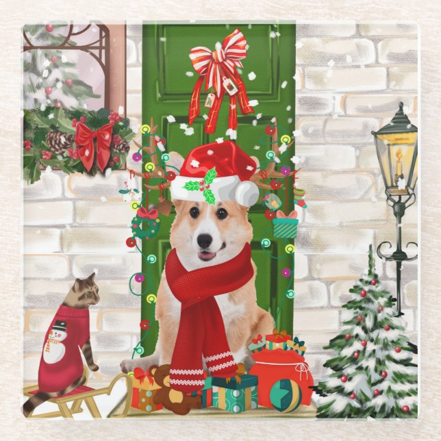 corgi Dog Christmas   Glass Coaster (Front)