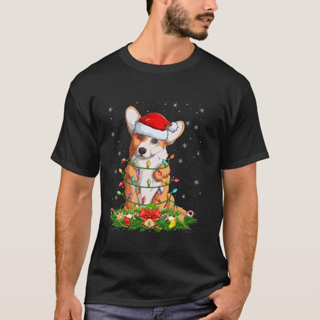 Corgi Dog Christmas Lights Funny Santa Hat Xmas  T-Shirt (Front)