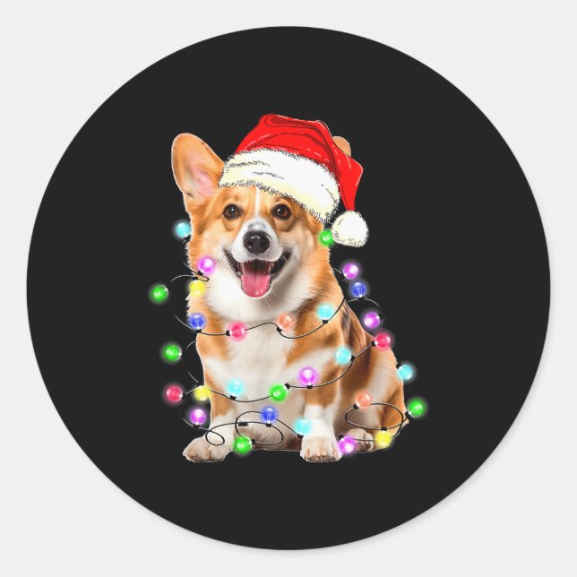 Corgi Dog Christmas Lights Pajama Funny  Classic Round Sticker (Front)