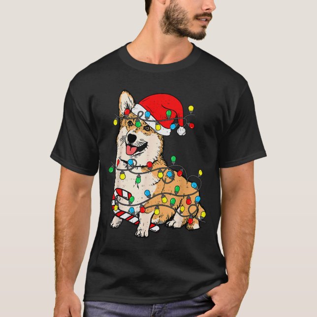 Corgi Dog Christmas Lights Pajama Santa Xmas Pet D T-Shirt (Front)