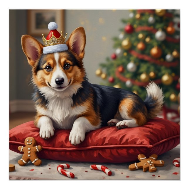 Corgi Dog Christmas Loaf with Santa Crown Art Poster (Front)