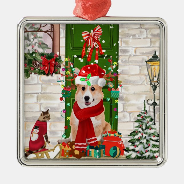 corgi Dog Christmas  Metal Tree Decoration (Front)