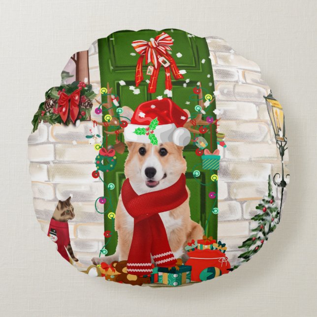 corgi Dog Christmas  Round Cushion (Front)