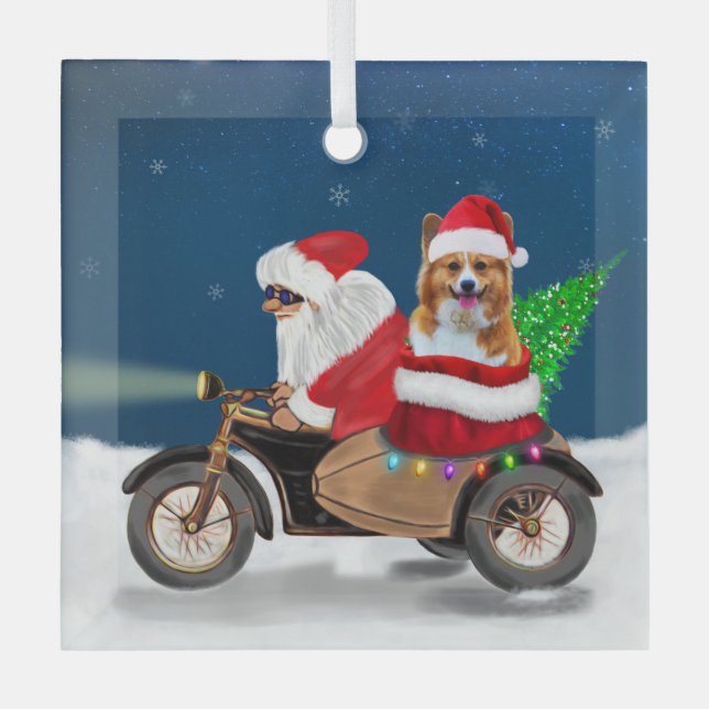 Corgi Dog Christmas Santa Claus Glass Tree Decoration (Front)