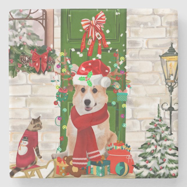 corgi Dog Christmas  Stone Coaster (Front)