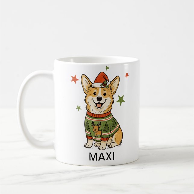 Corgi Dog Christmas Sweater Santa Hat Coffee Mug (Left)