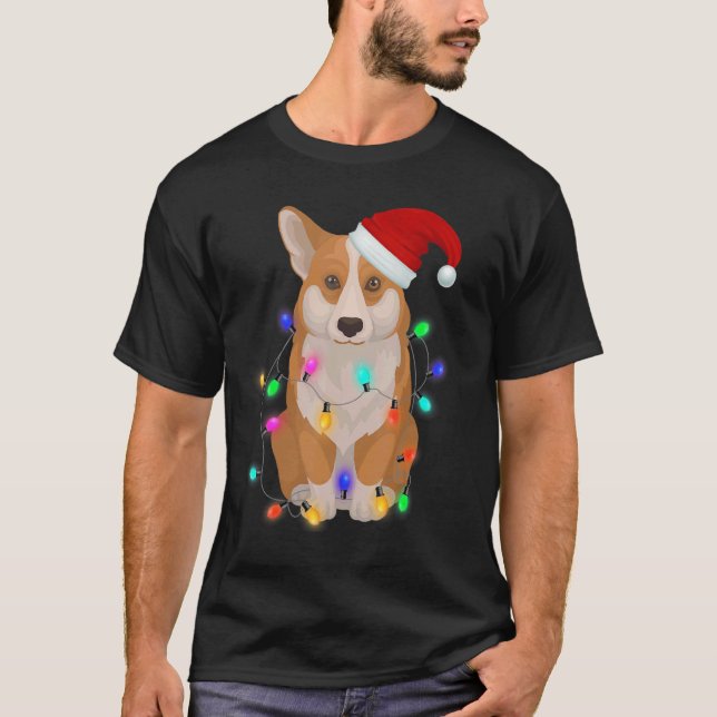 Corgi Dog   Christmas Tree Lights T-Shirt (Front)