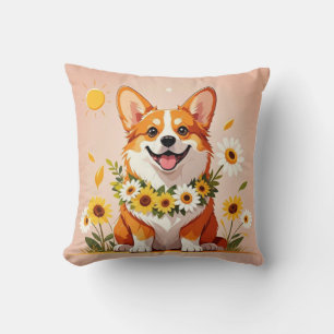 Corgi dog crown of sunflowers wall art decor cushion