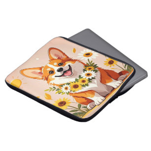 Corgi dog crown of sunflowers wall art decor laptop sleeve