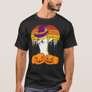 Corgi Dog Dabbing Retro Sunset Witch Hat Halloween T-Shirt