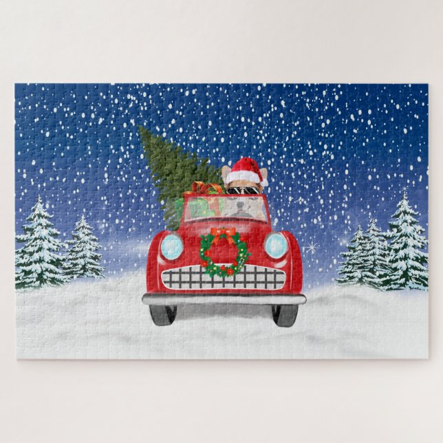Corgi Dog Driving Car In Snow Christmas Jigsaw Puzzle (Horizontal)