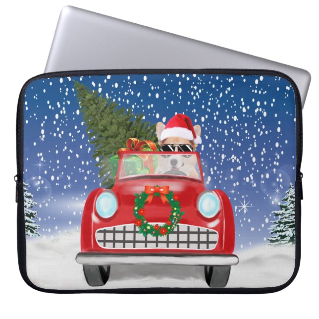 Corgi Dog Driving Car In Snow Christmas  Laptop Sleeve (Front)