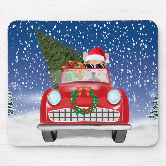 Corgi Dog Driving Car In Snow Christmas  Mouse Mat (Front)