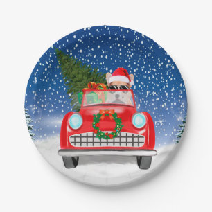 Corgi Dog Driving Car In Snow Christmas  Paper Plate