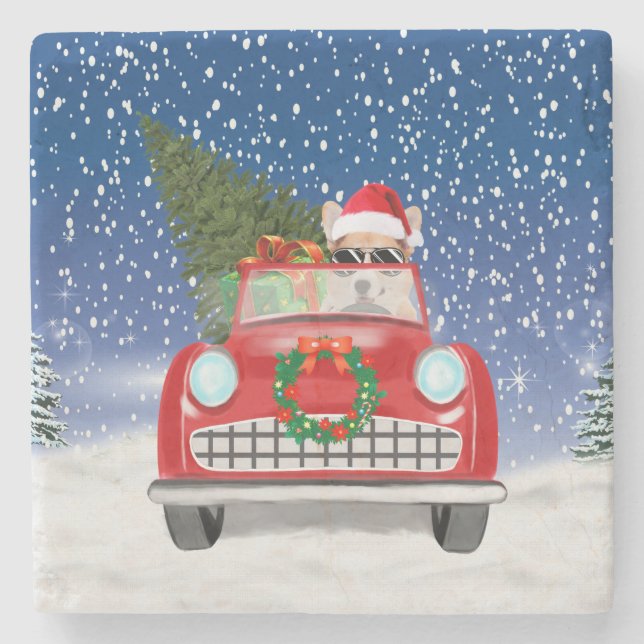 Corgi Dog Driving Car In Snow Christmas Stone Coaster (Front)