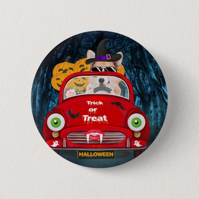 Corgi Dog Driving Car Scary Halloween 6 Cm Round Badge (Front)