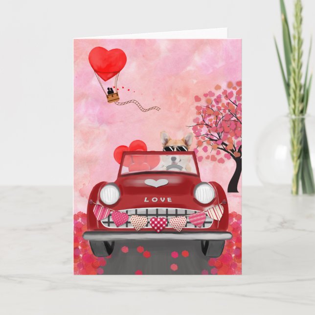 Corgi Dog Driving Car with Hearts Valentine's   Card (Front)