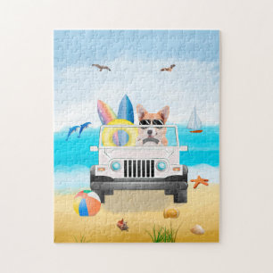corgi Dog Driving on Beach  Jigsaw Puzzle