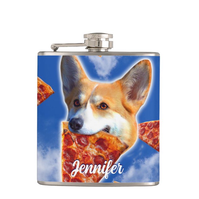 Corgi Dog Eating Pizza                             Hip Flask (Front)