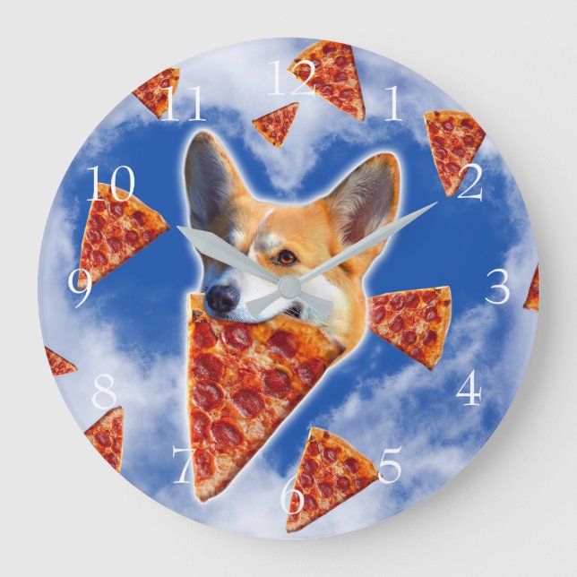 Corgi Dog Eating Pizza                             Large Clock (Front)