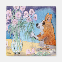 Corgi dog fridge magnet, Corgi flower arranging