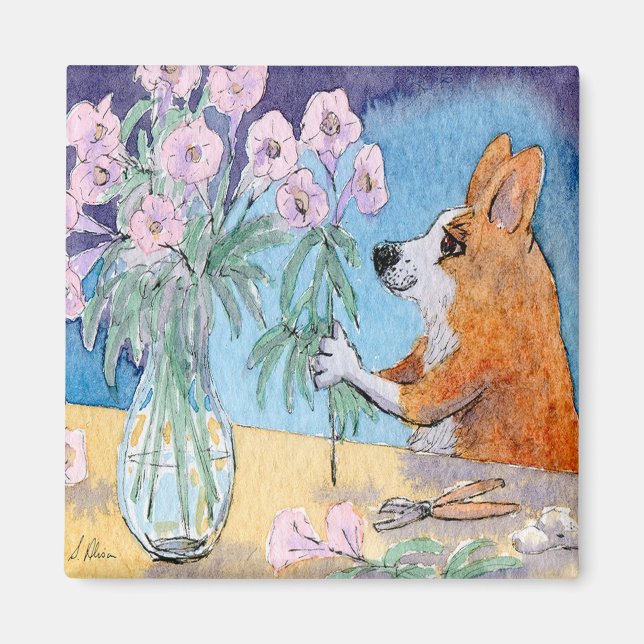 Corgi dog fridge magnet, Corgi flower arranging Magnet (Front)