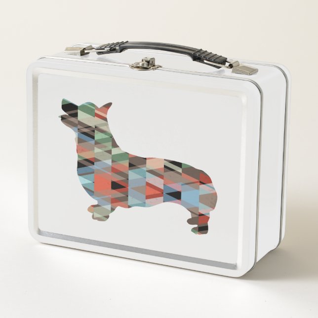 Corgi Dog Geometric Pattern Silhouette Plaid Metal Lunch Box (Front)