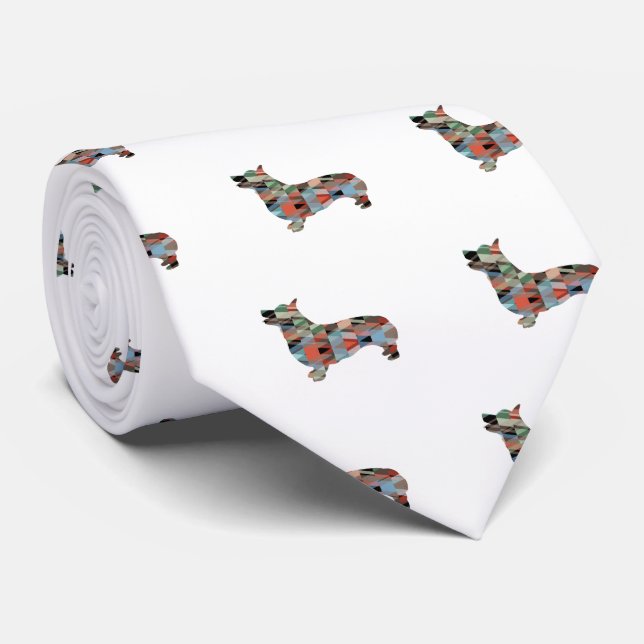 Corgi Dog Geometric Pattern Silhouette Plaid Tie (Rolled)