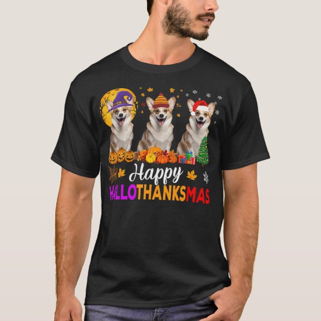Corgi Dog Halloween Christmas Hallothanksmas T-Shirt (Front)