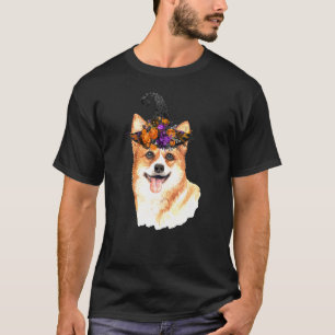 Corgi Dog Halloween Costume Floral Witches Hat T-Shirt